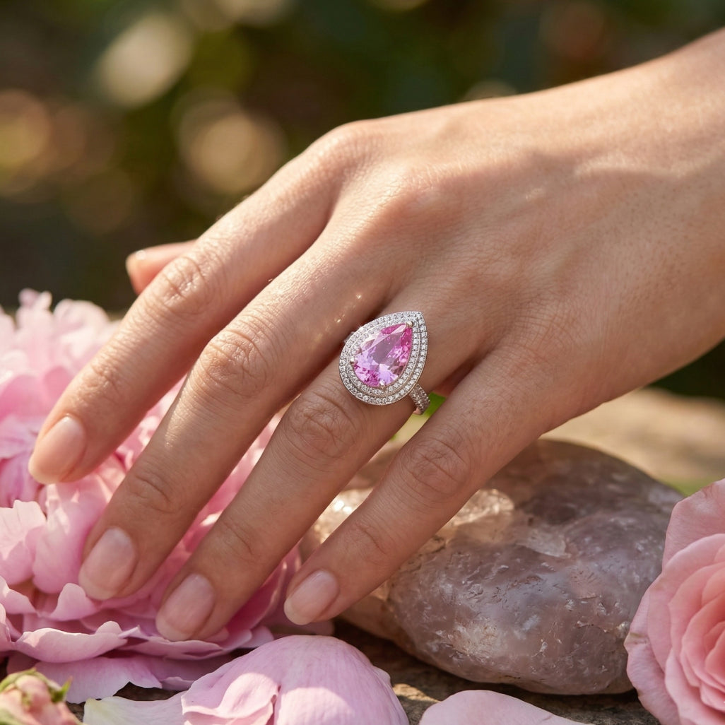 Pear Cut Pink Halo Statement Ring