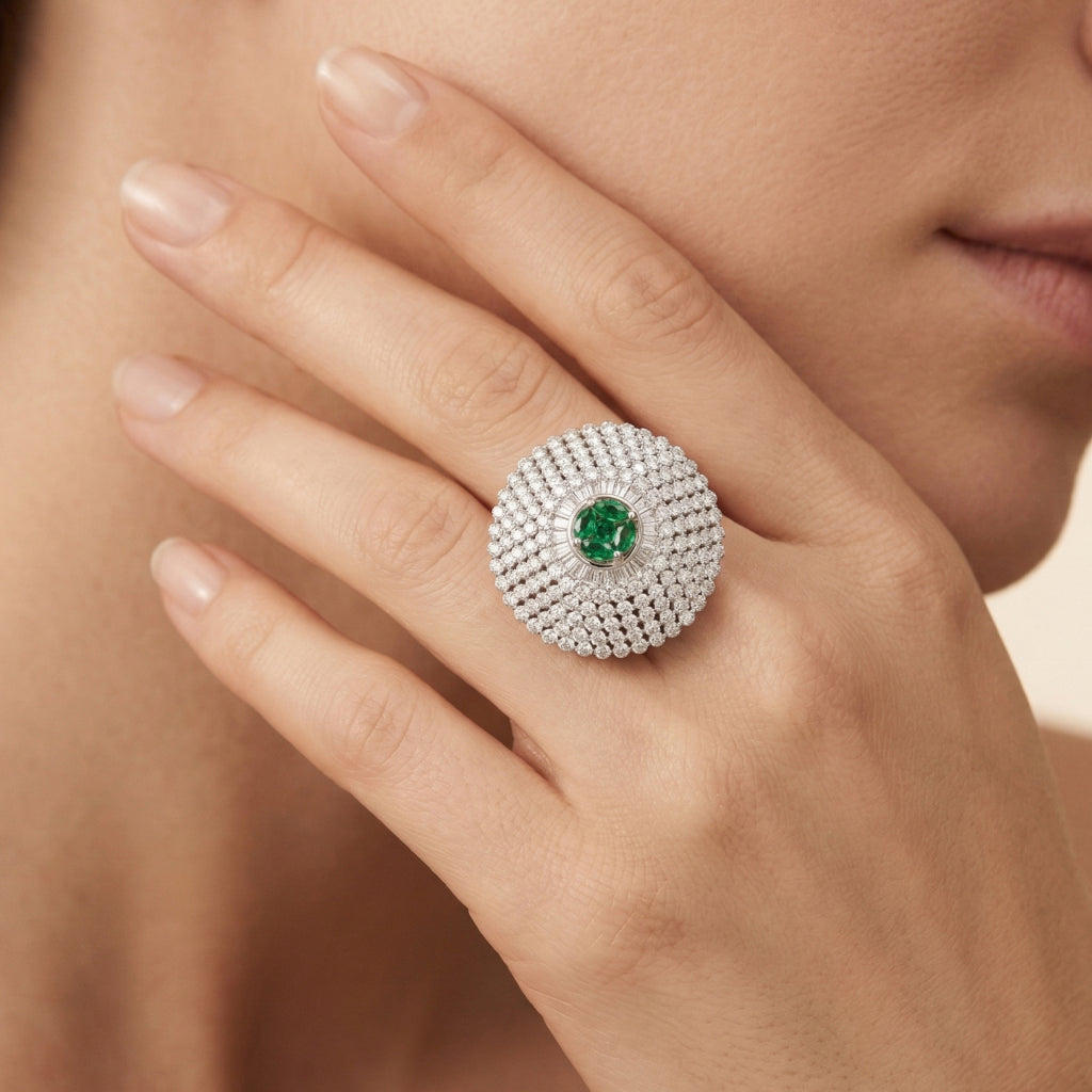 Emerald Dome Cocktail Ring 925 Silver Statement