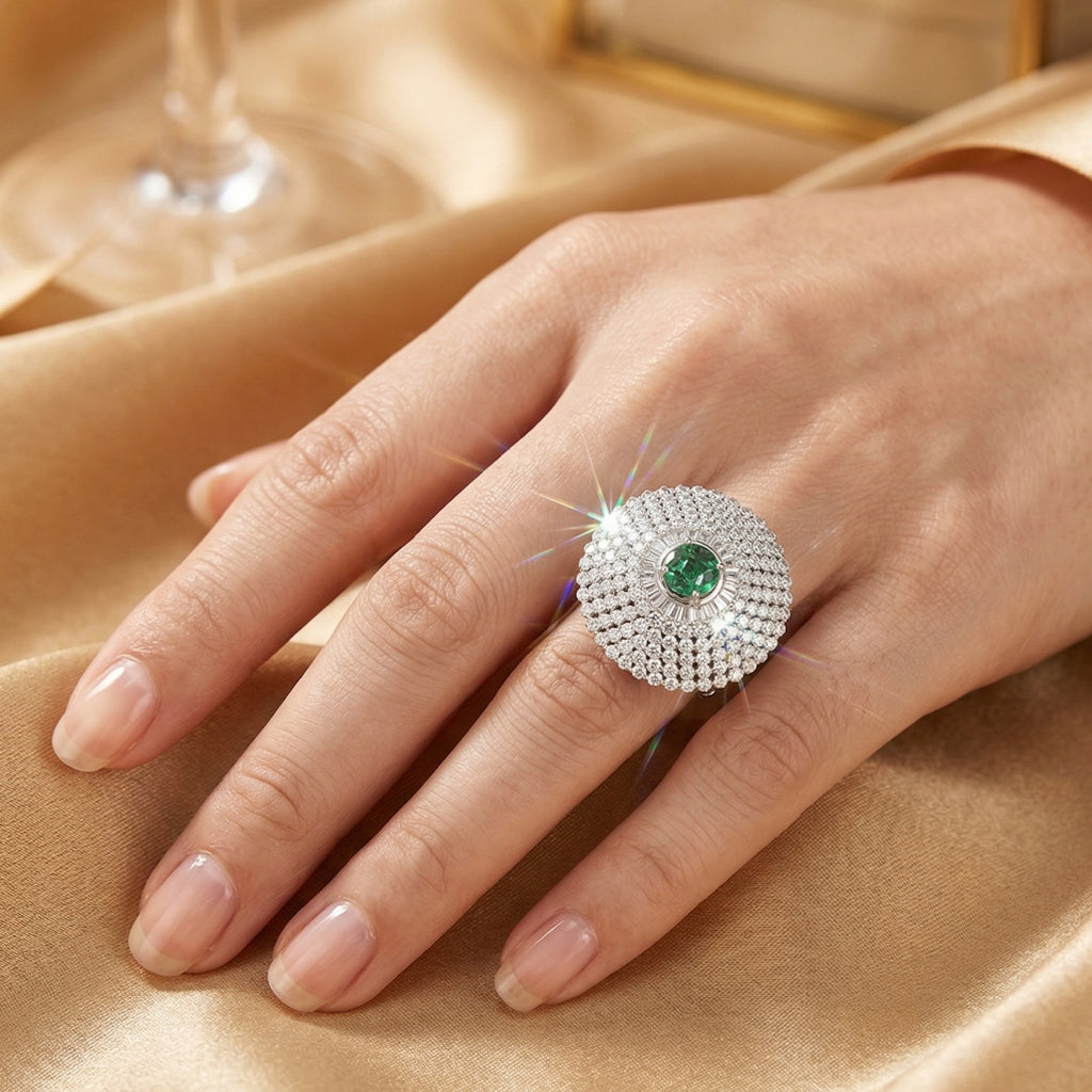 Emerald Dome Cocktail Ring 925 Silver Statement