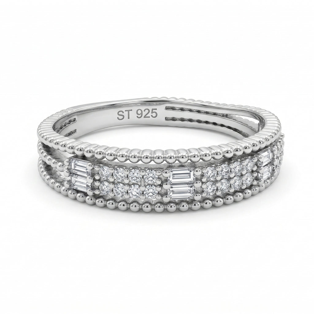 Bar Cut Stone Beaded Band Ring 925 Sterling Silver