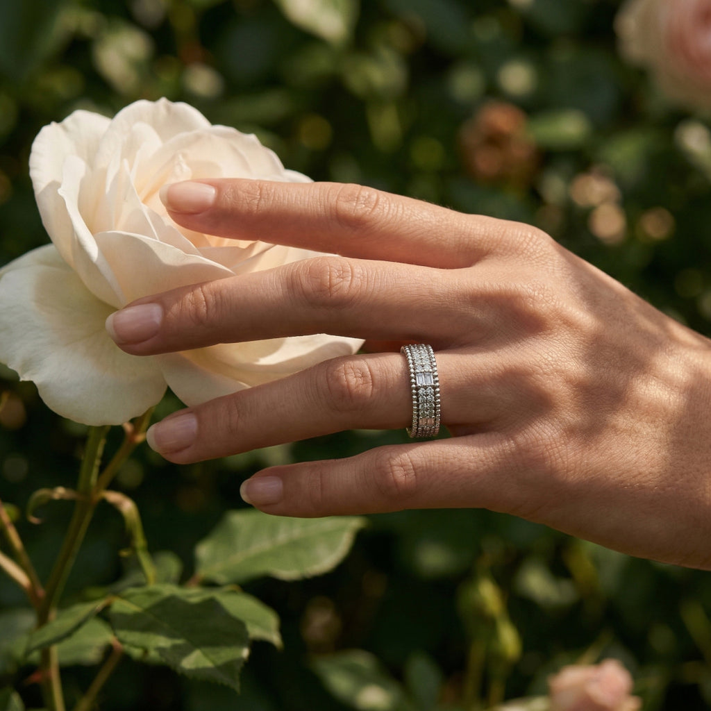 Bar Cut Stone Beaded Band Ring 925 Sterling Silver