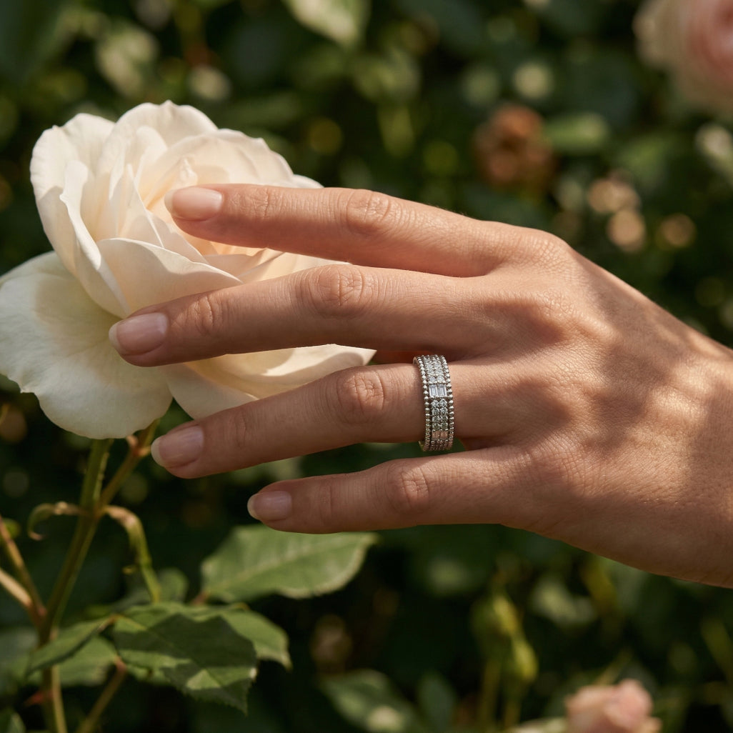 Bar Cut Stone Beaded Band Ring 925 Sterling Silver