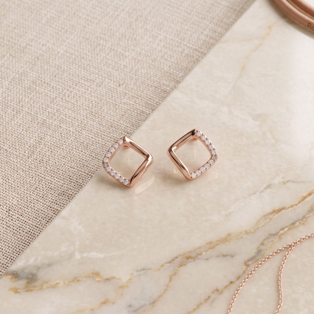 Open Diamond Half-Stone Stud Earrings