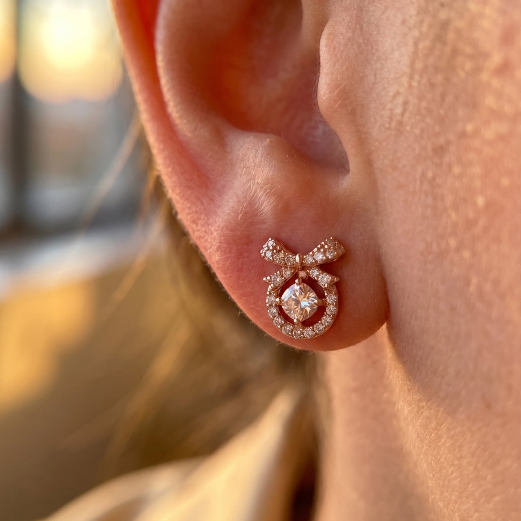 Stone Bow Circle Stud Earrings