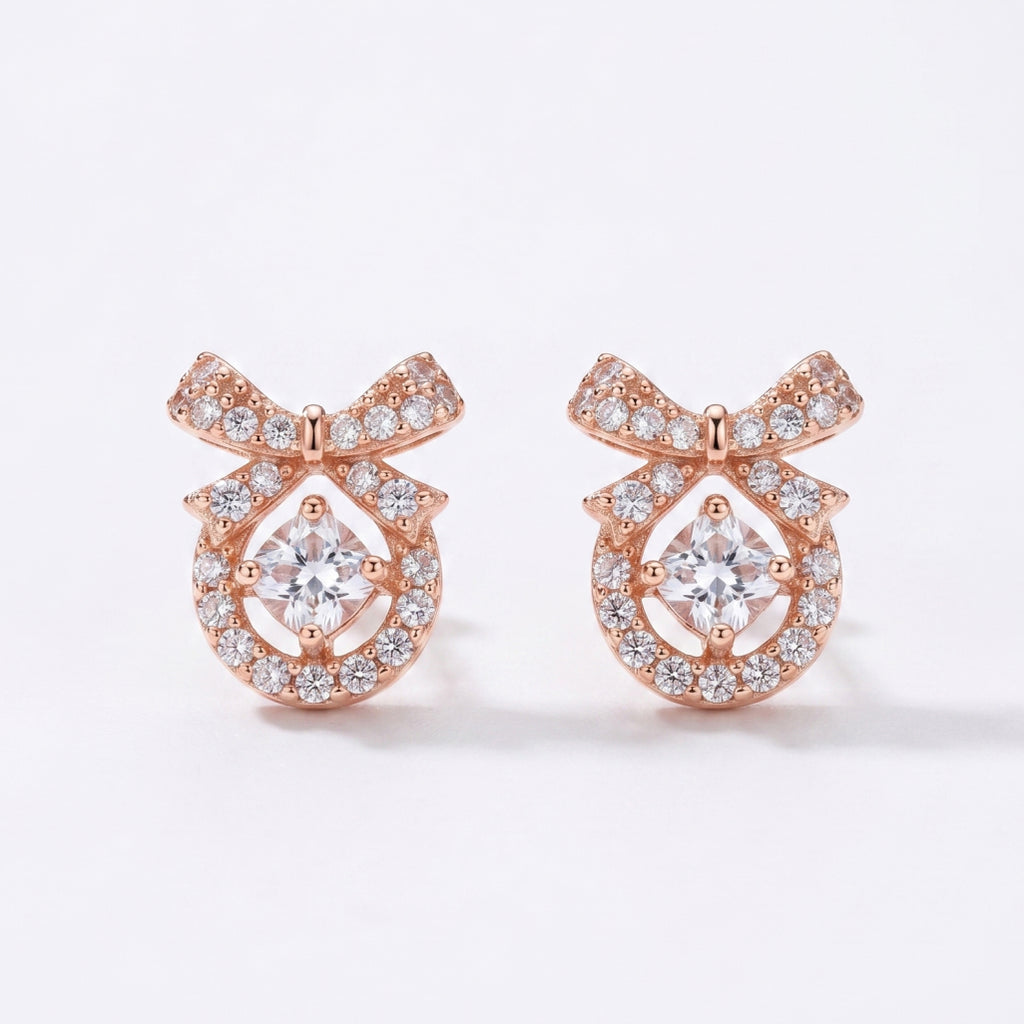 Stone Bow Circle Stud Earrings