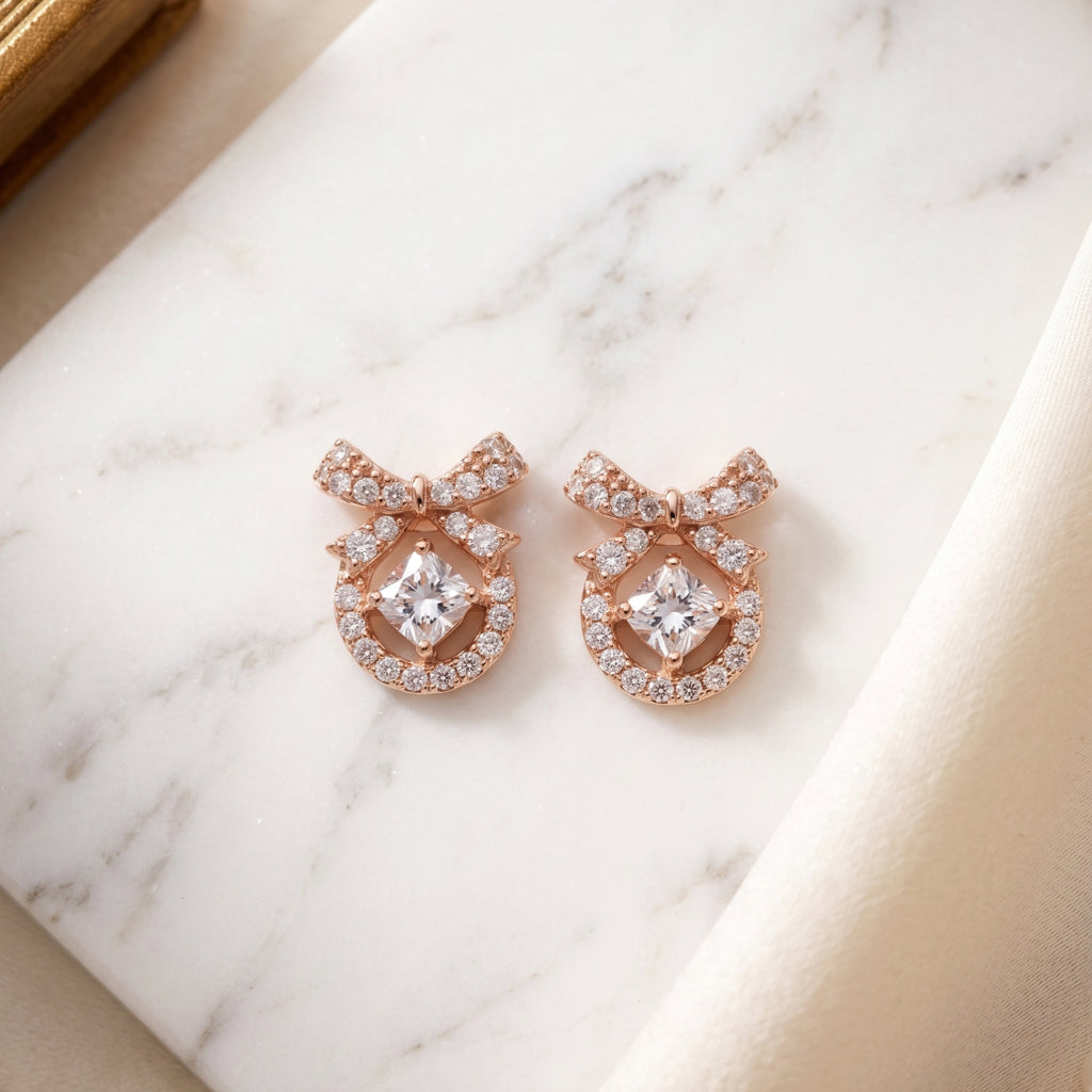 Stone Bow Circle Stud Earrings