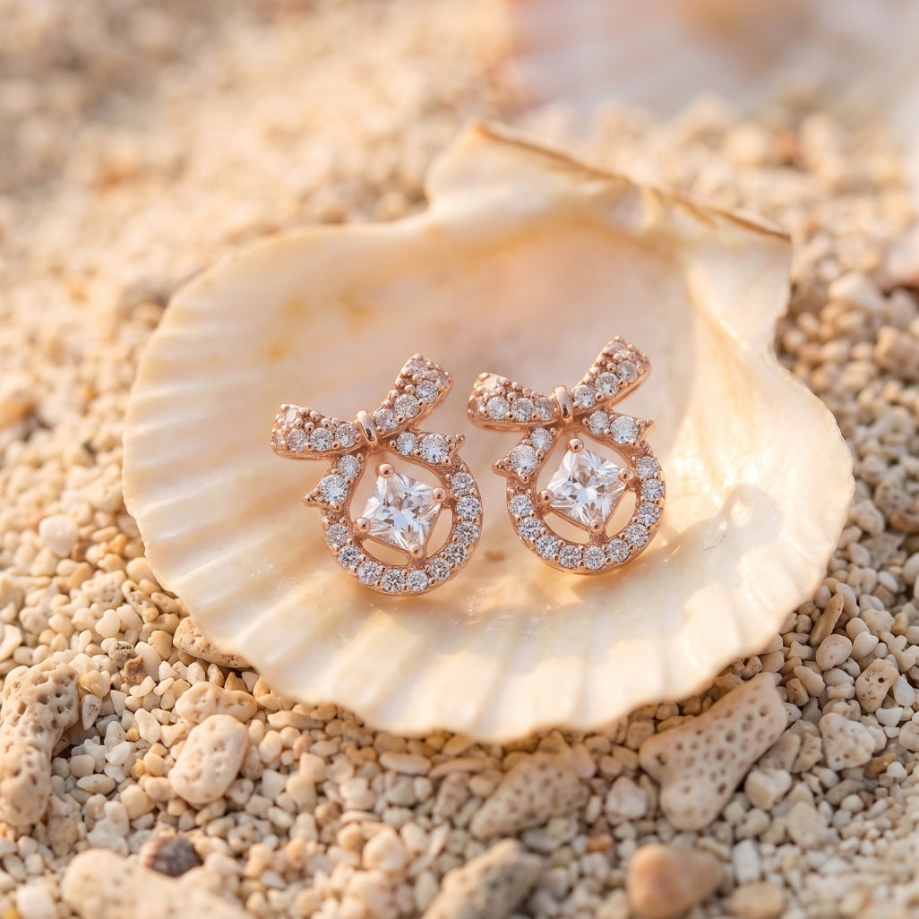 Stone Bow Circle Stud Earrings