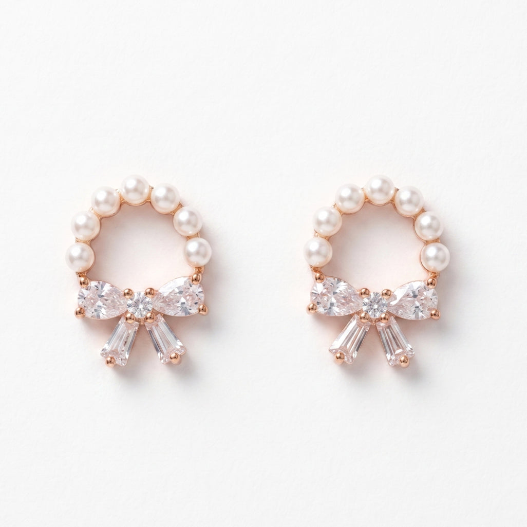 Pearl Ring Stone Bow Stud Earrings