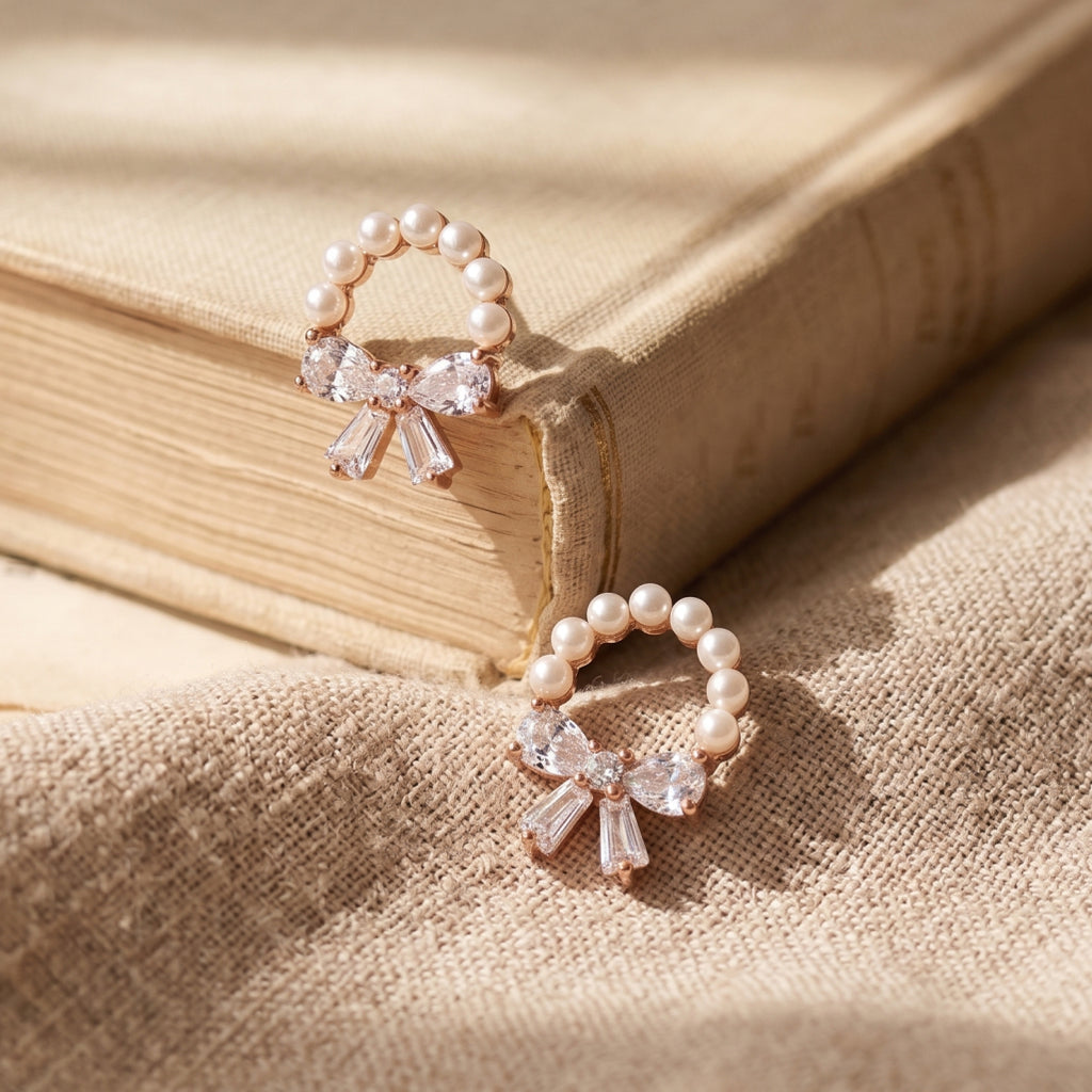 Pearl Ring Stone Bow Stud Earrings