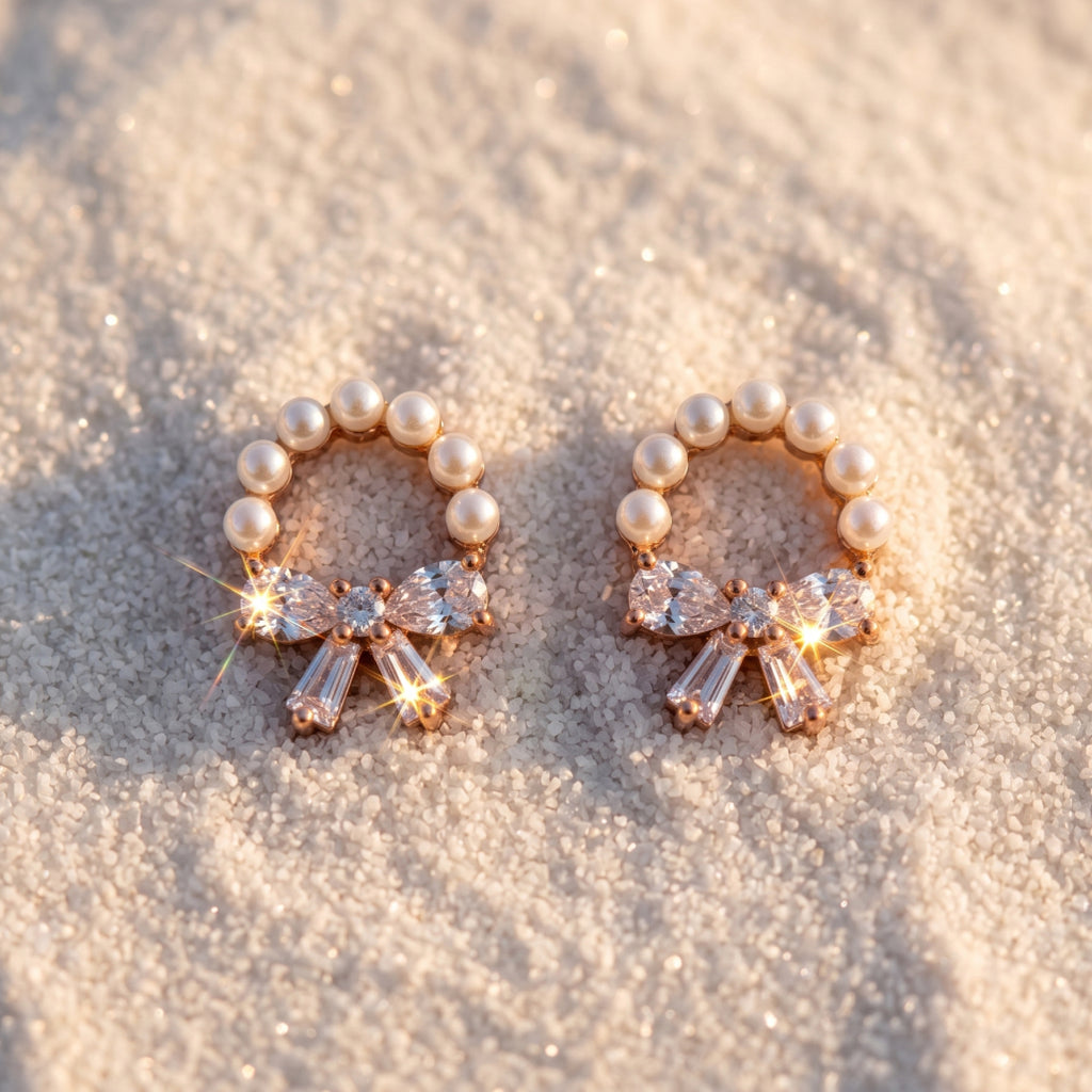 Pearl Ring Stone Bow Stud Earrings