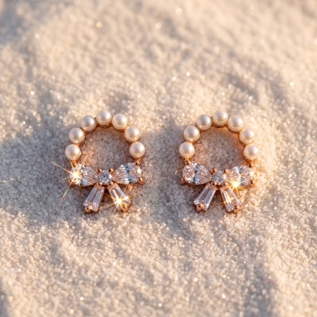 Pearl Ring Stone Bow Stud Earrings
