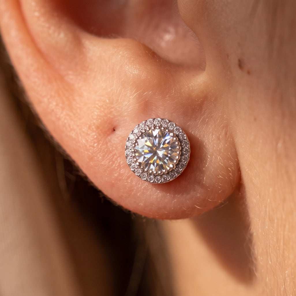 Round Stone Border Stud Earrings
