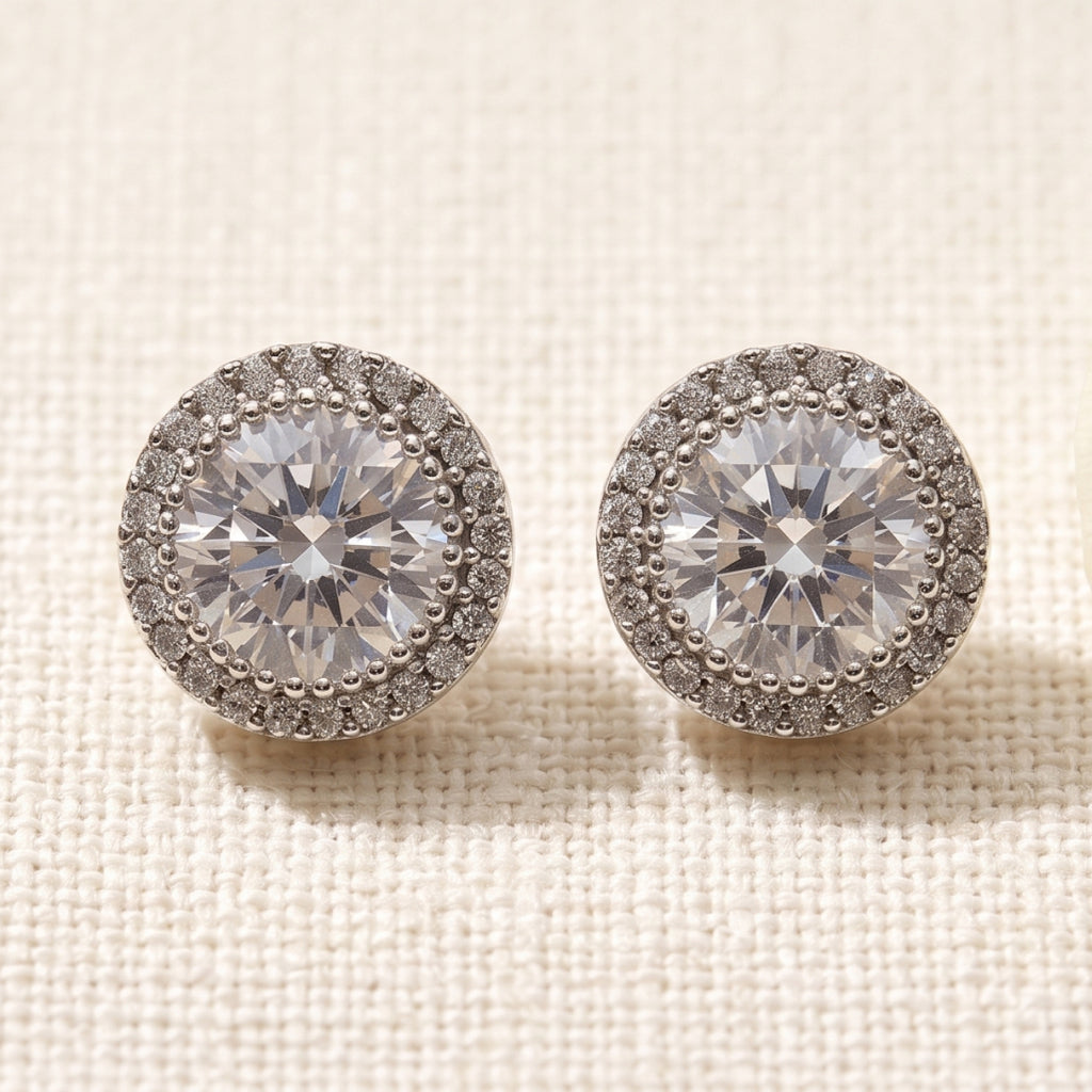 Round Stone Border Stud Earrings