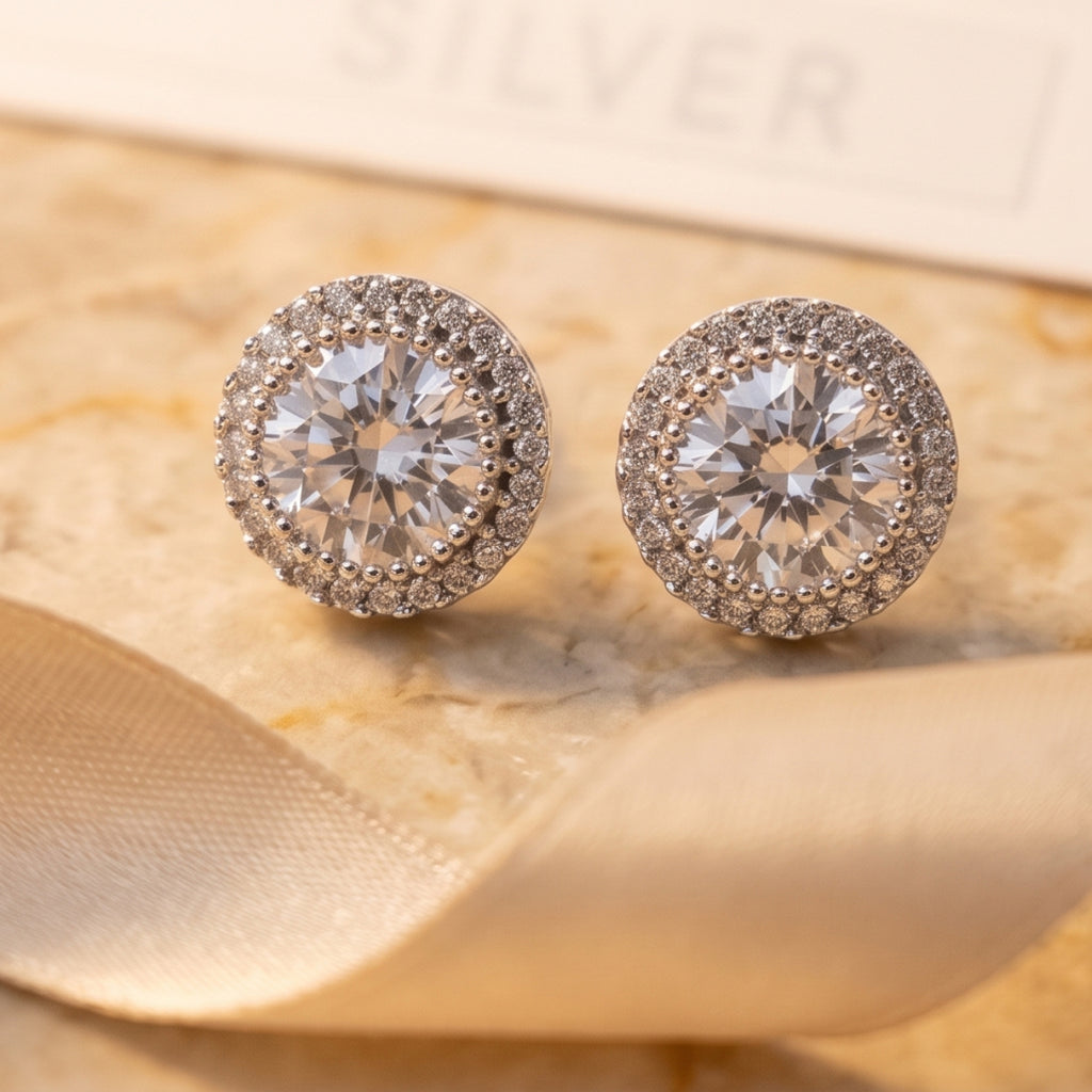 Round Stone Border Stud Earrings