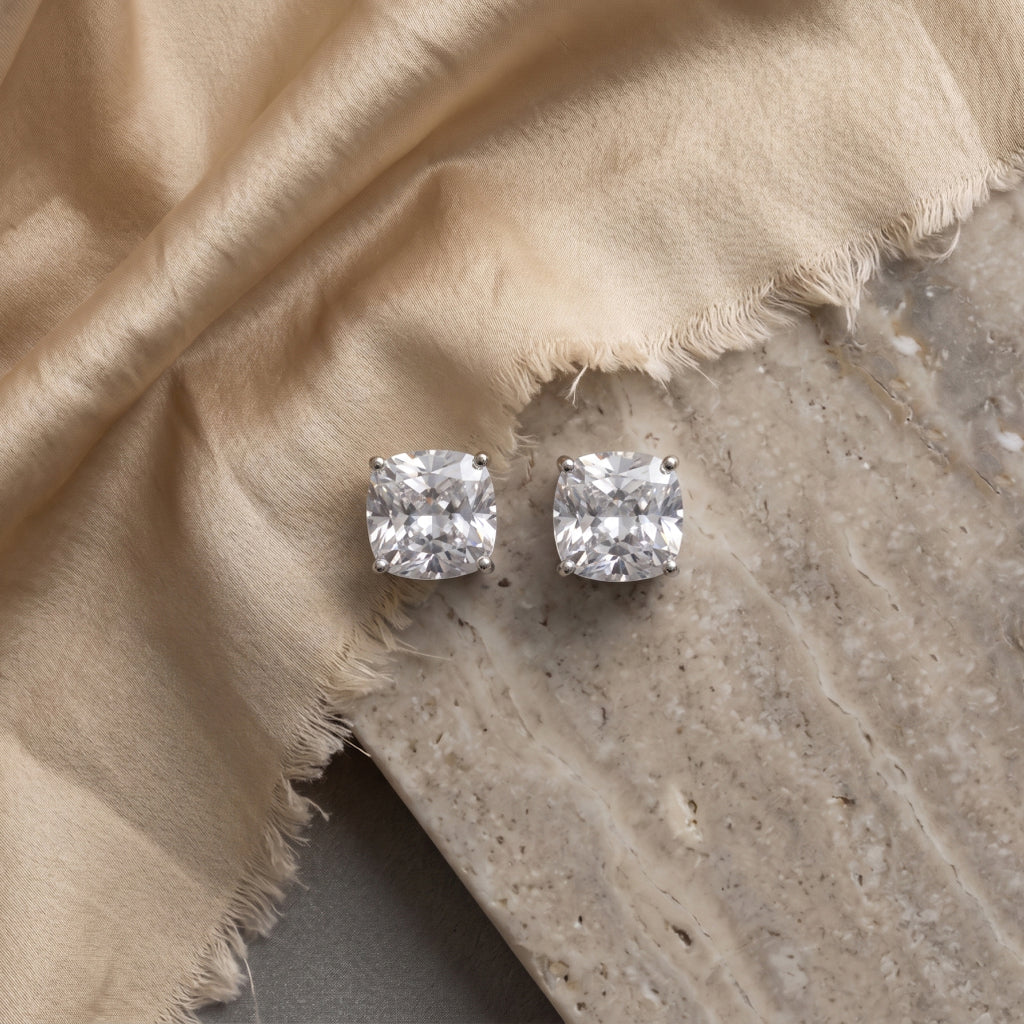 Cushion Stone Four-Claw Stud Earrings